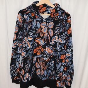 Lildy Sz Large Jacket Hood Blue Floral Soft Knit Front Pocket Long Sleeve